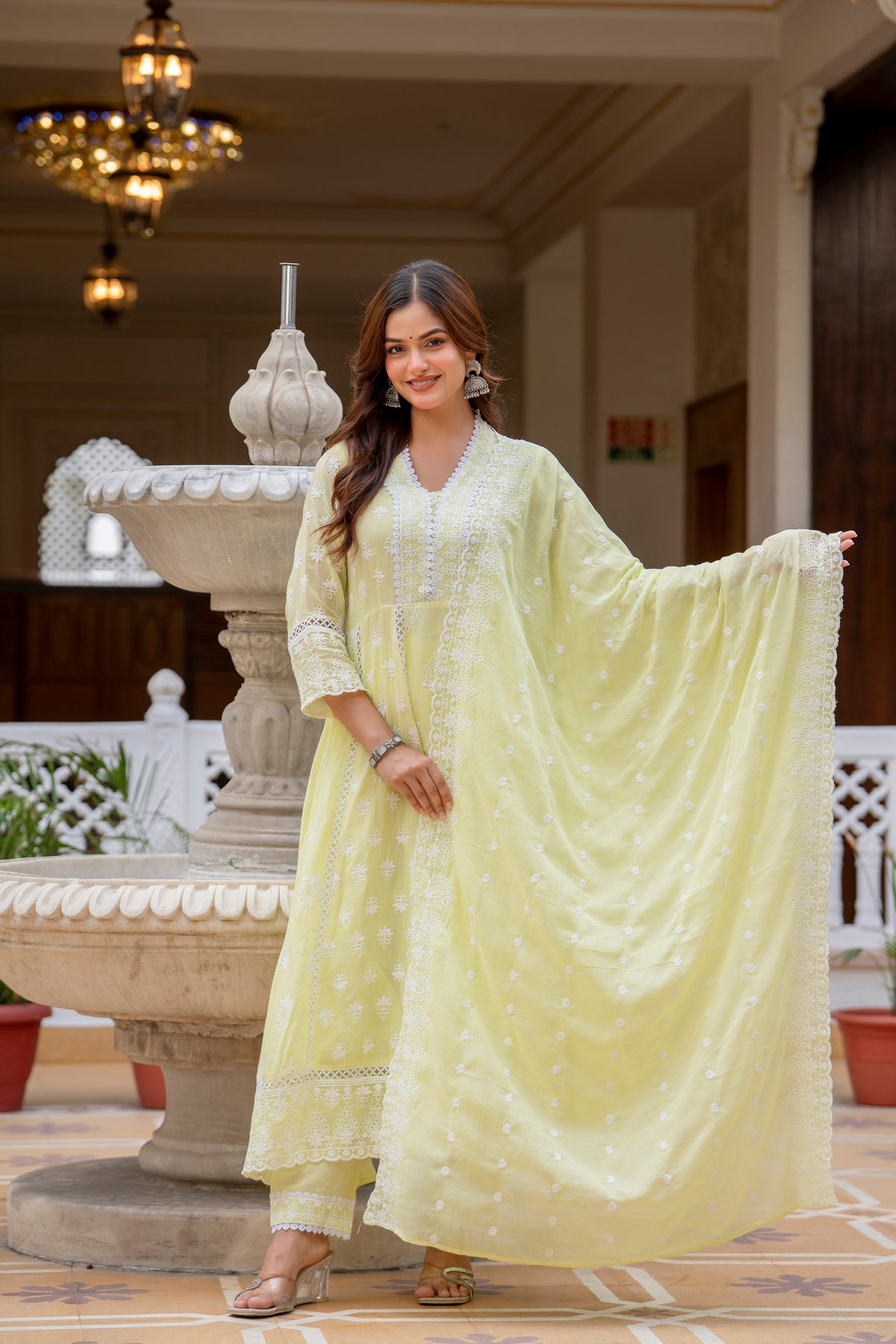 Lemon Pure Mal Cotton lakhnowi Work Kurti Set