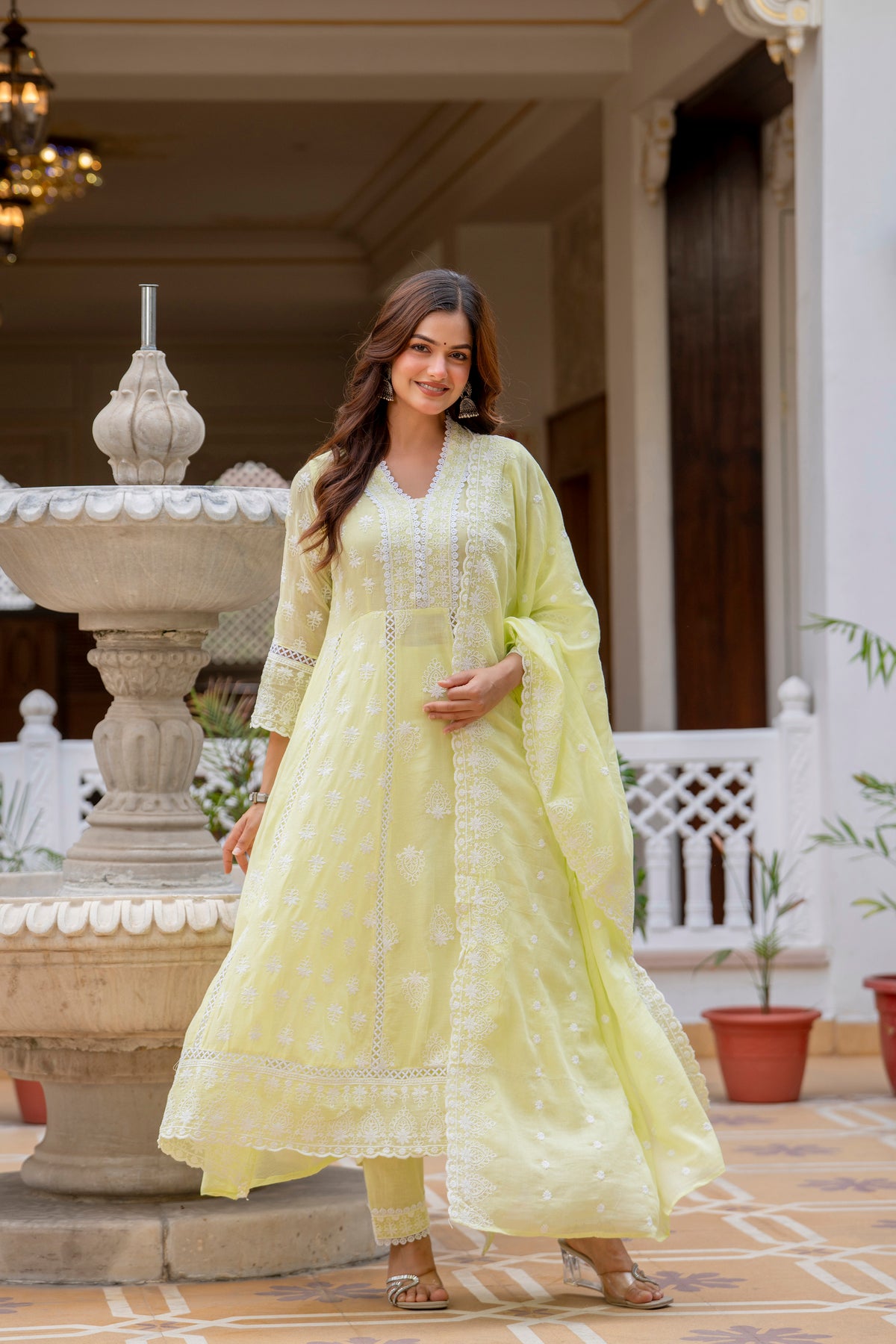Lemon Pure Mal Cotton lakhnowi Work Kurti Set