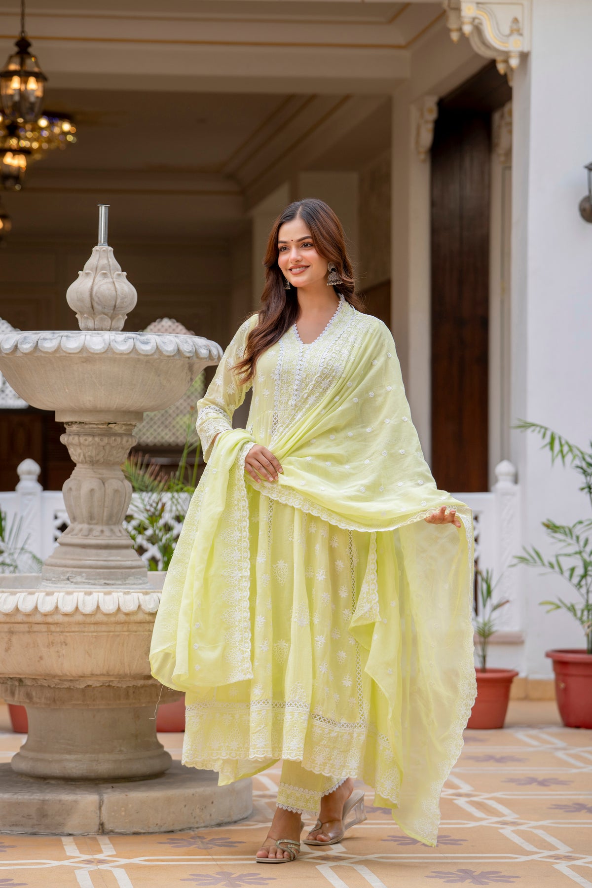 Lemon Pure Mal Cotton lakhnowi Work Kurti Set