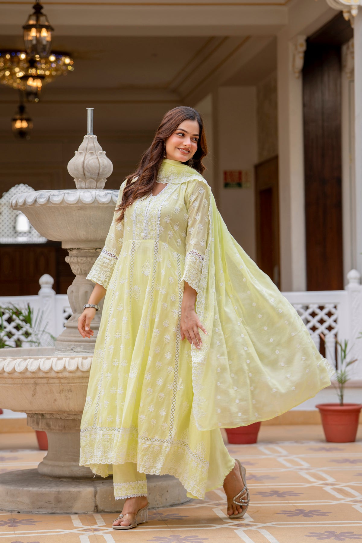 Lemon Pure Mal Cotton lakhnowi Work Kurti Set
