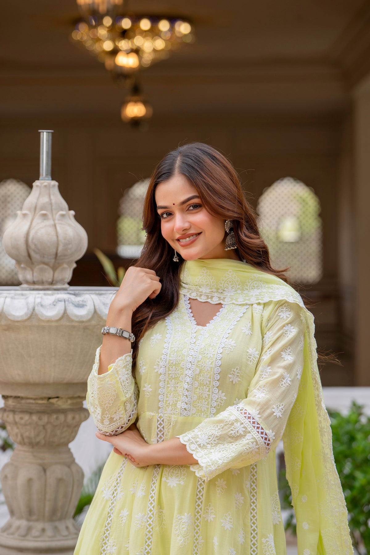 Lemon Pure Mal Cotton lakhnowi Work Kurti Set