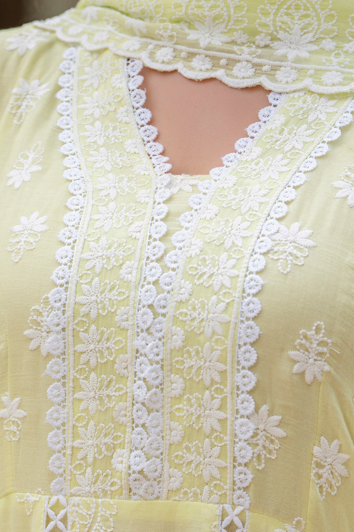 Lemon Pure Mal Cotton lakhnowi Work Kurti Set