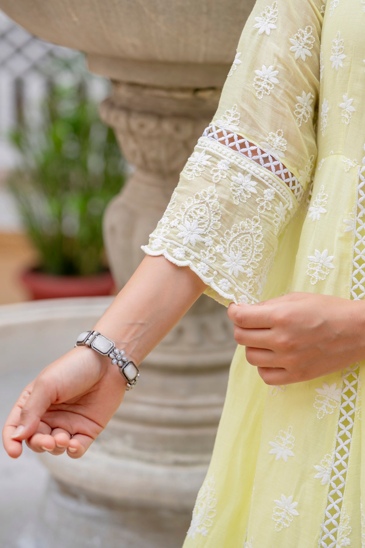 Lemon Pure Mal Cotton lakhnowi Work Kurti Set