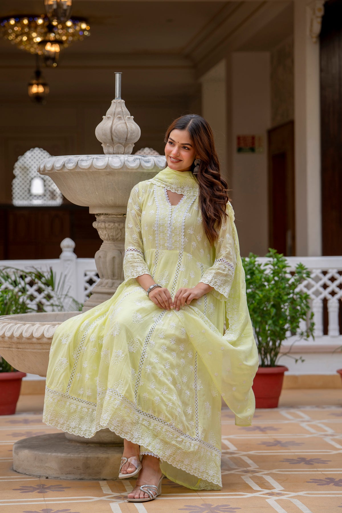 Lemon Pure Mal Cotton lakhnowi Work Kurti Set