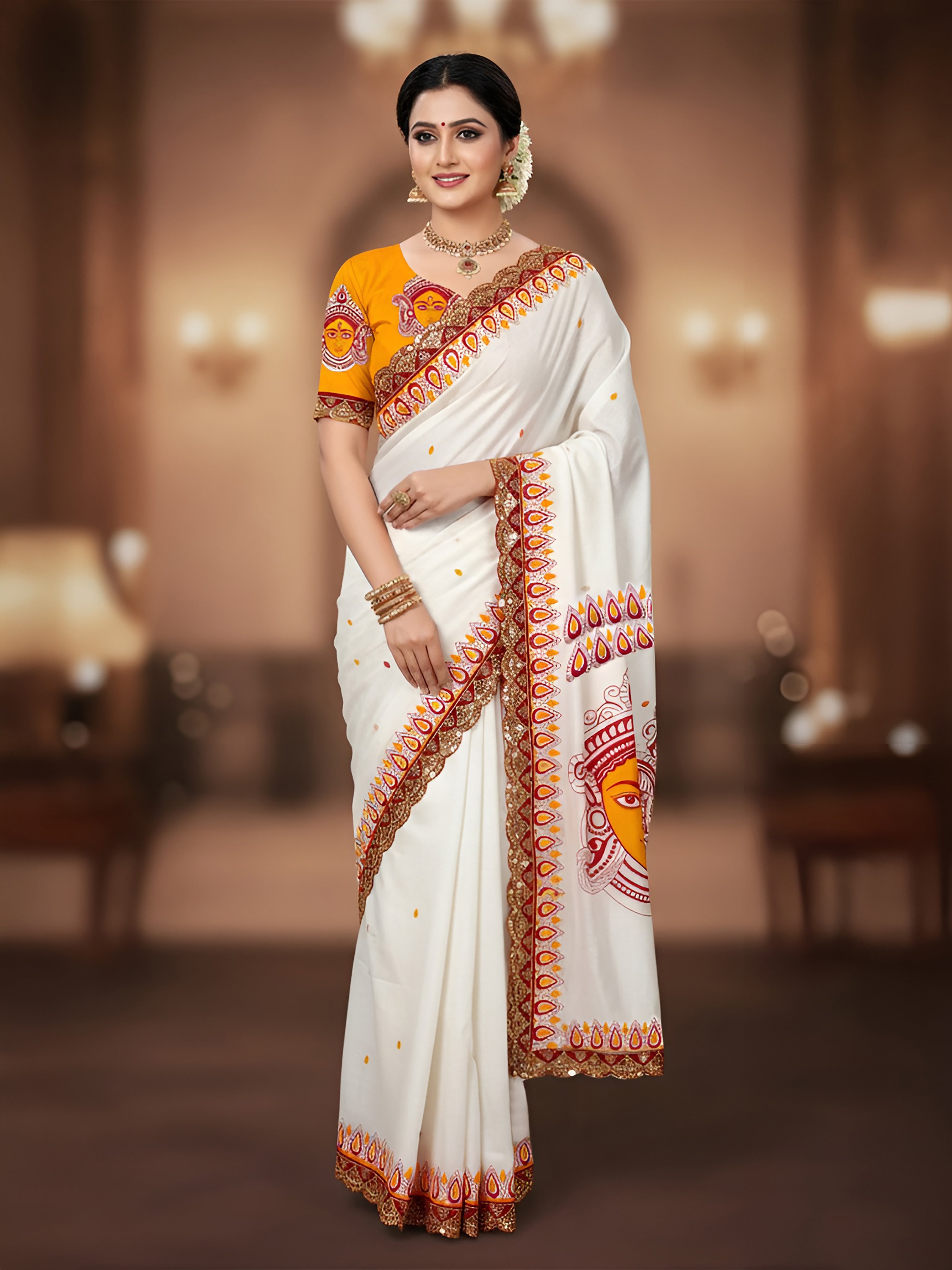 White Mulmul Cotton Handblock Printed Saree