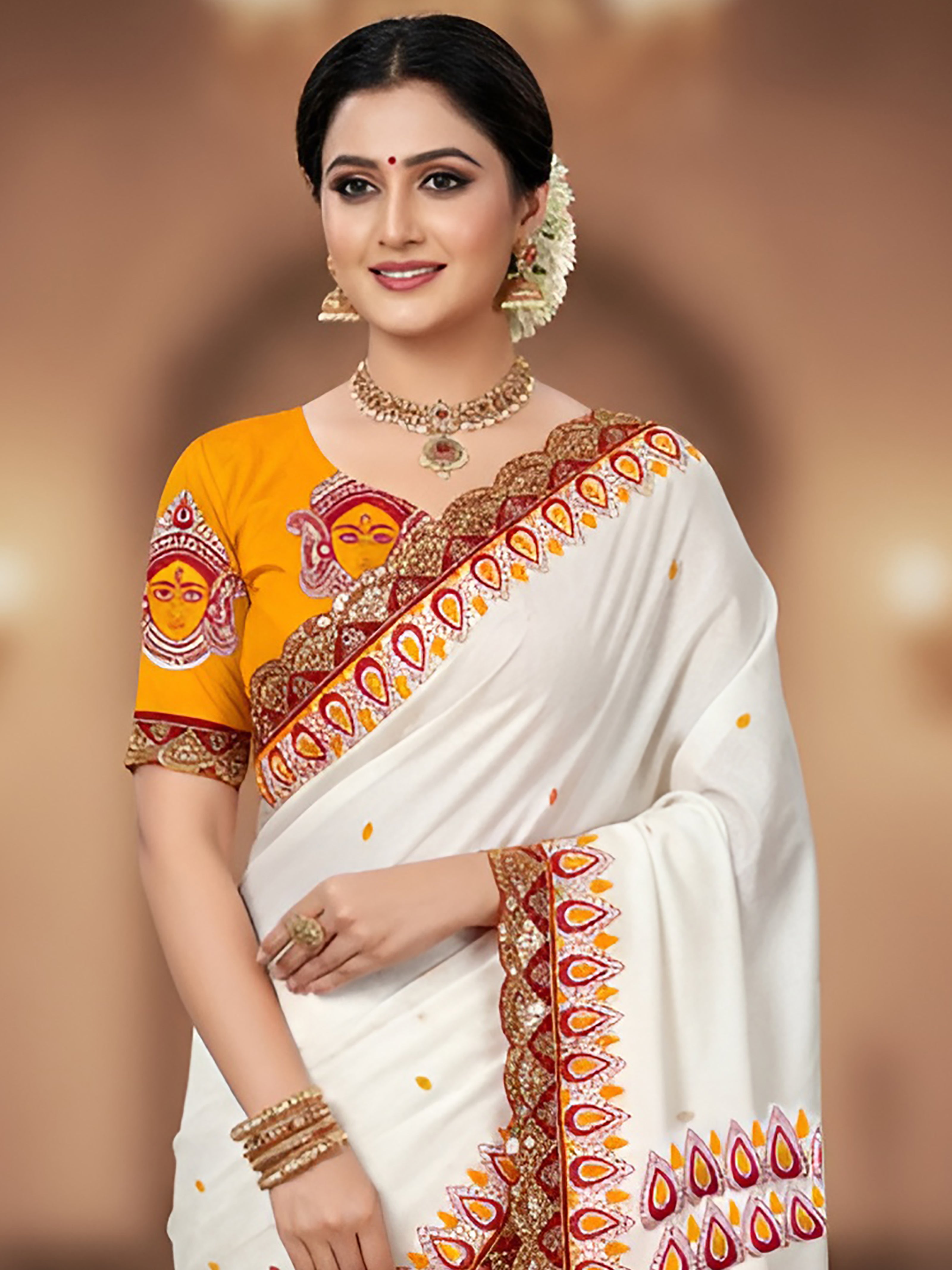 White Mulmul Cotton Handblock Printed Saree