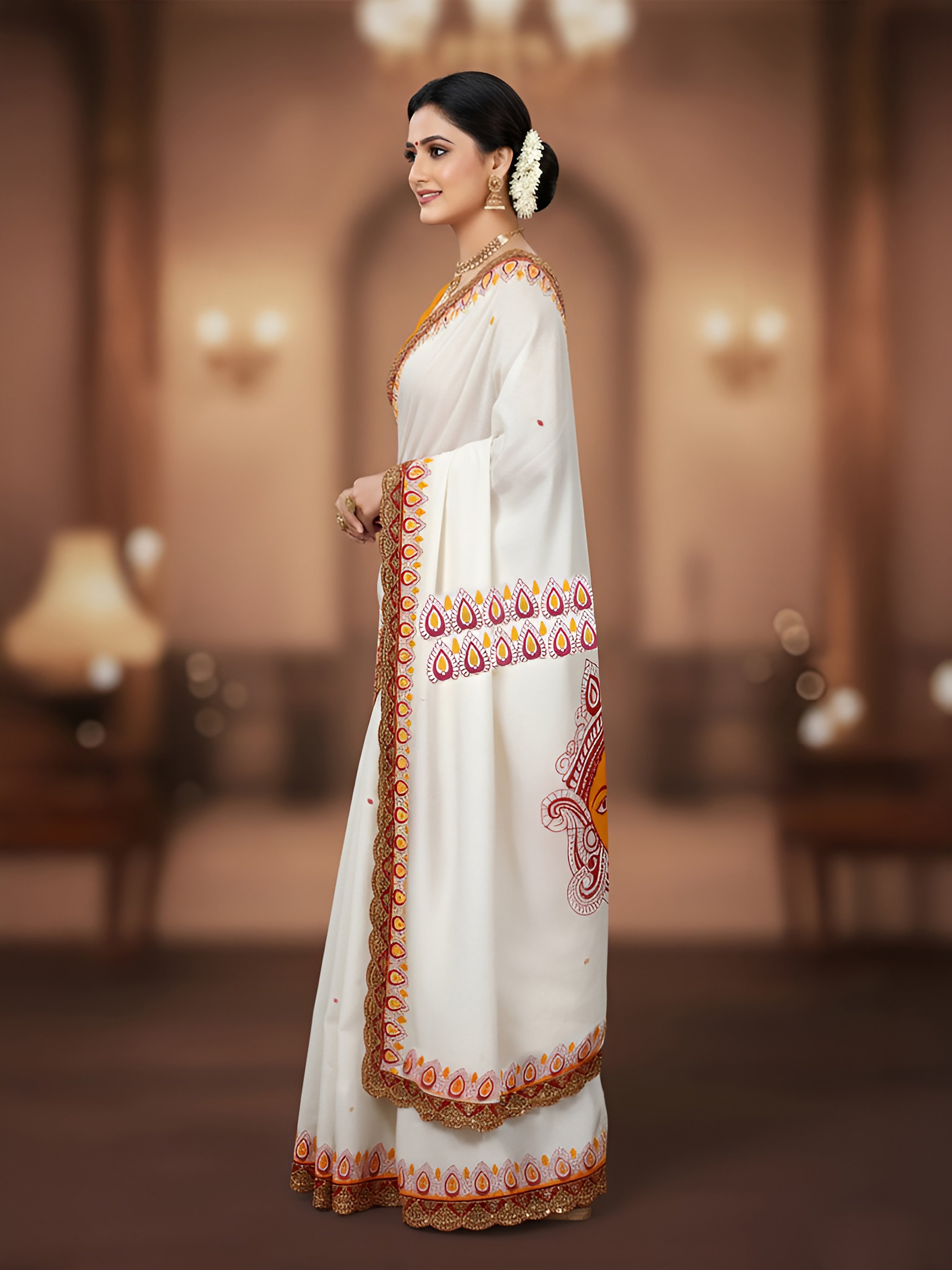 White Mulmul Cotton Handblock Printed Saree