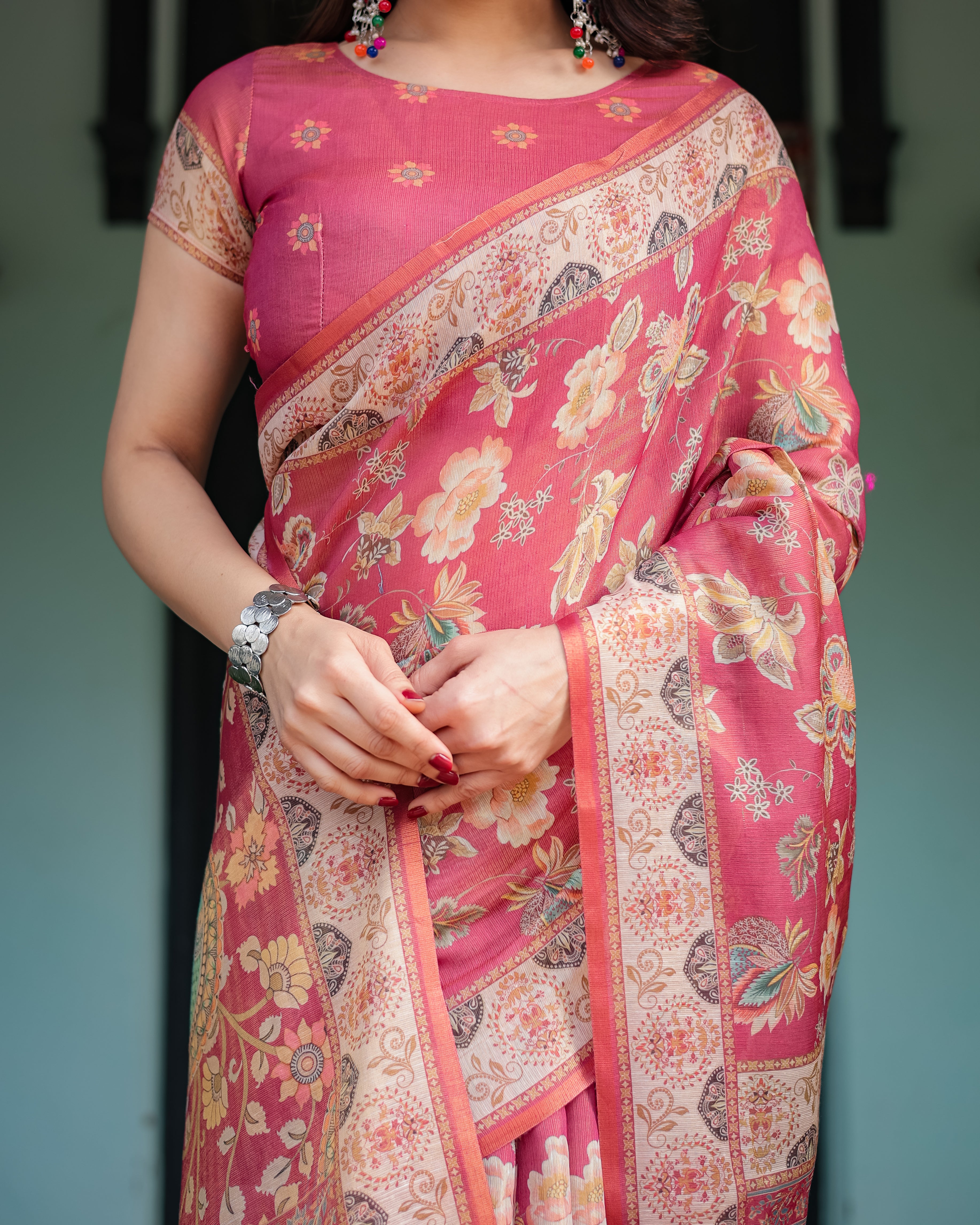 Rose Pink Handloom Floral Print With Ethnic Border Saree