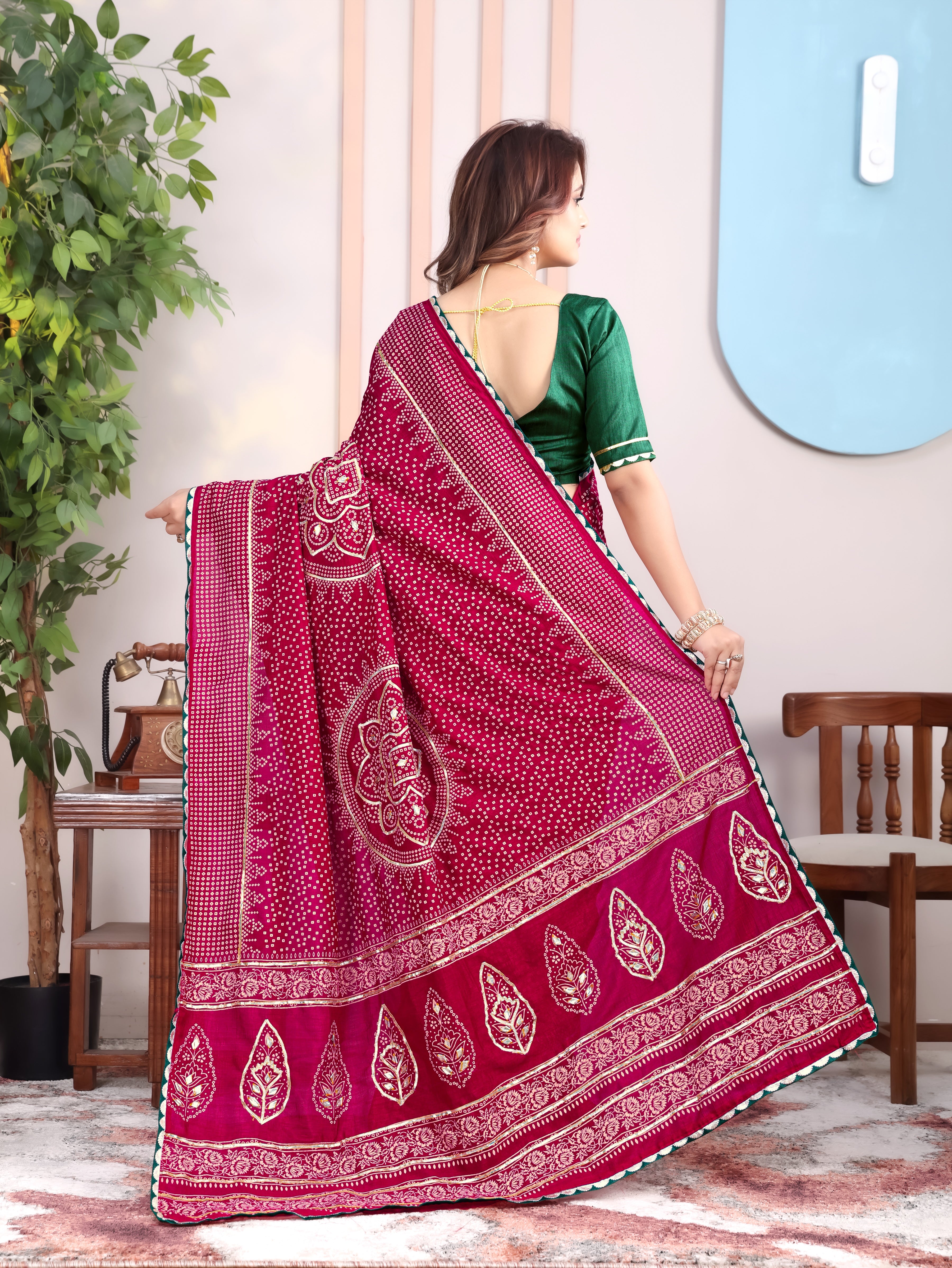Maroon Asopalav Bandhani On Pure Vichitra Silk Saree with Gota Patti Work