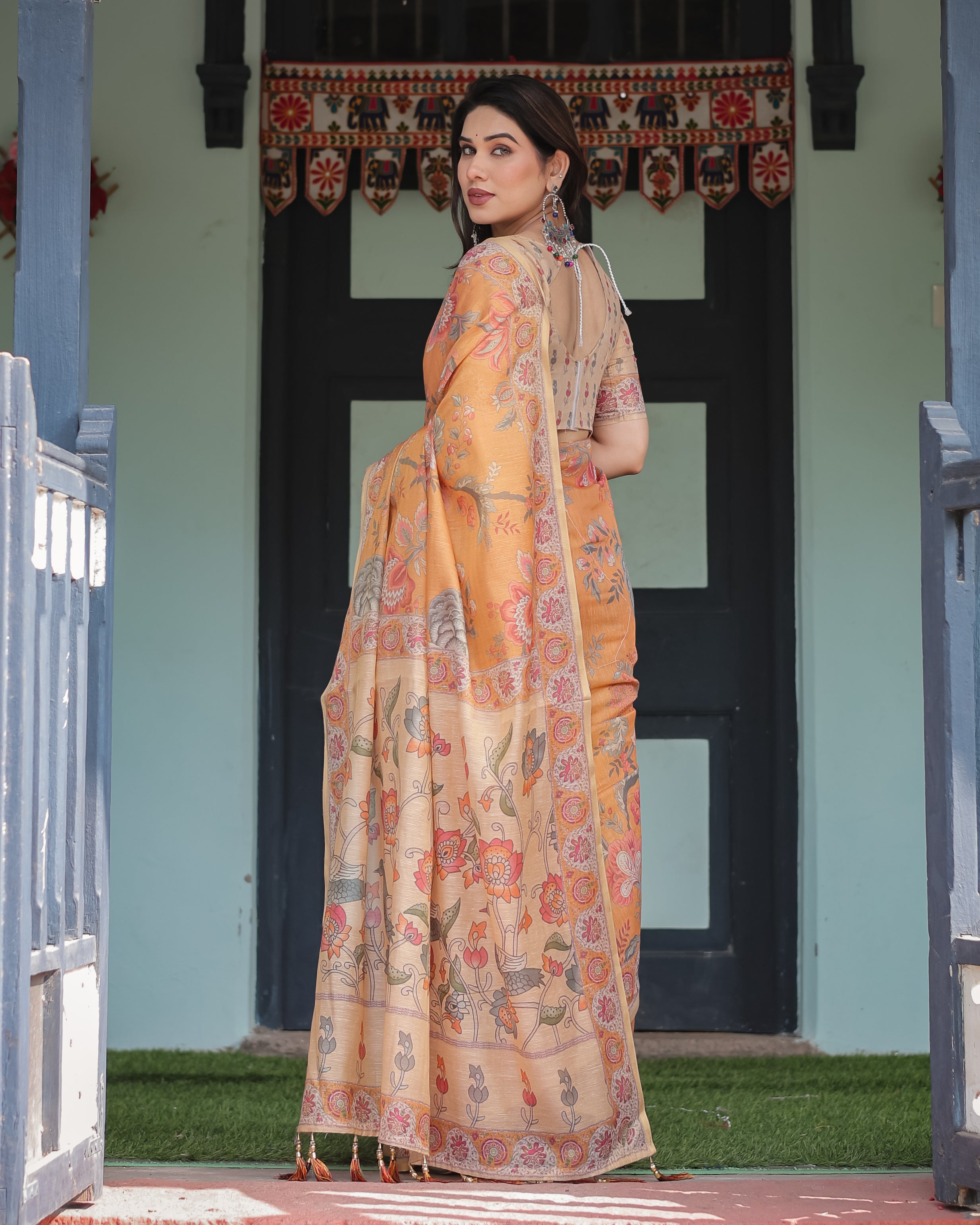 Orange Handloom Floral Border With Ethnic Detailing Saree