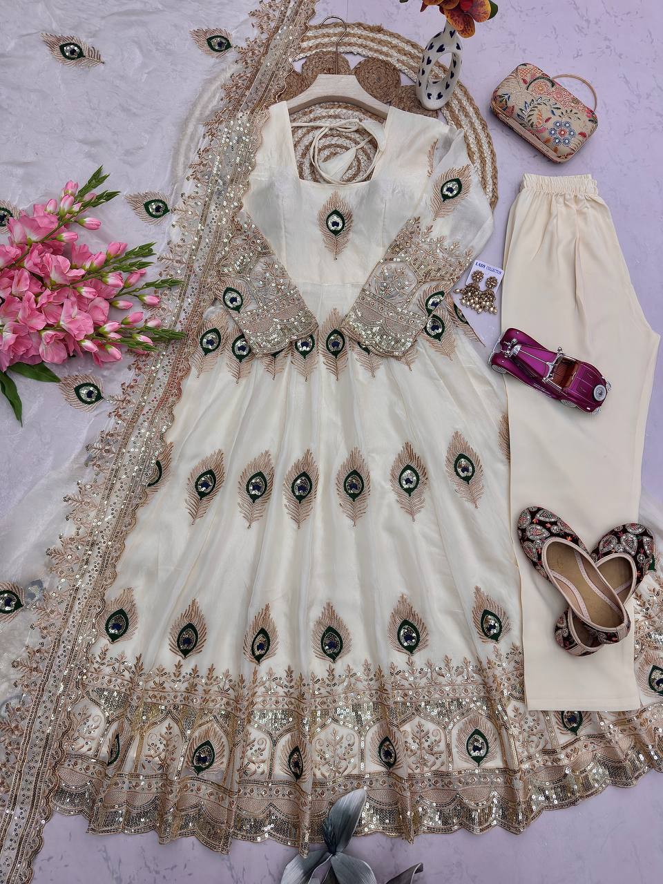 White Heavy Fandy Silk Embroidery Threads And Zari Sequins Work Suit Set