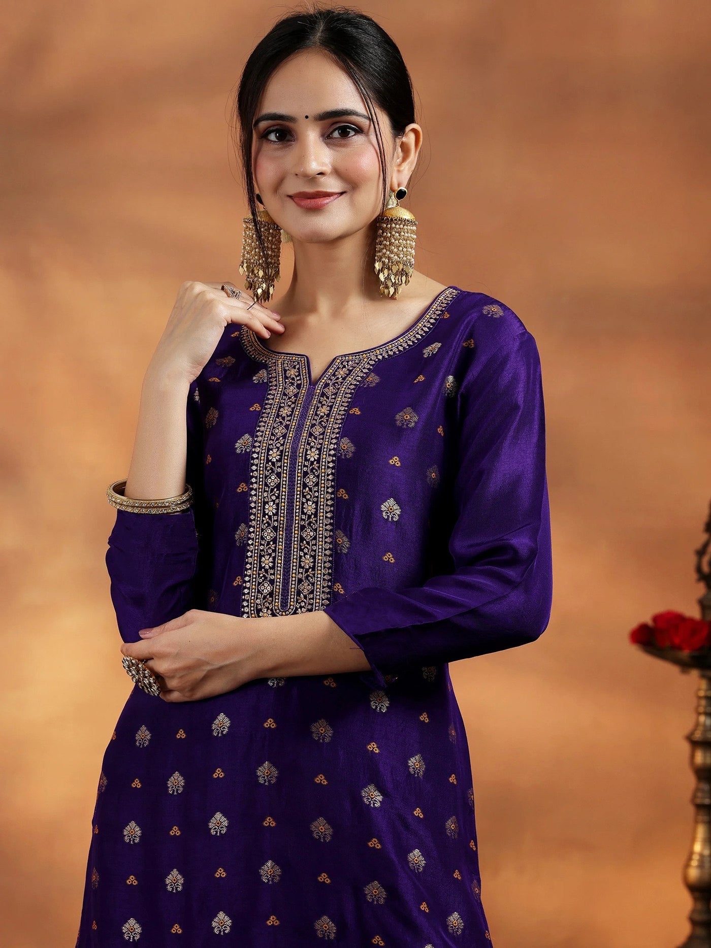 Violet Art Silk Embroidered And Weaving Kurta Set 