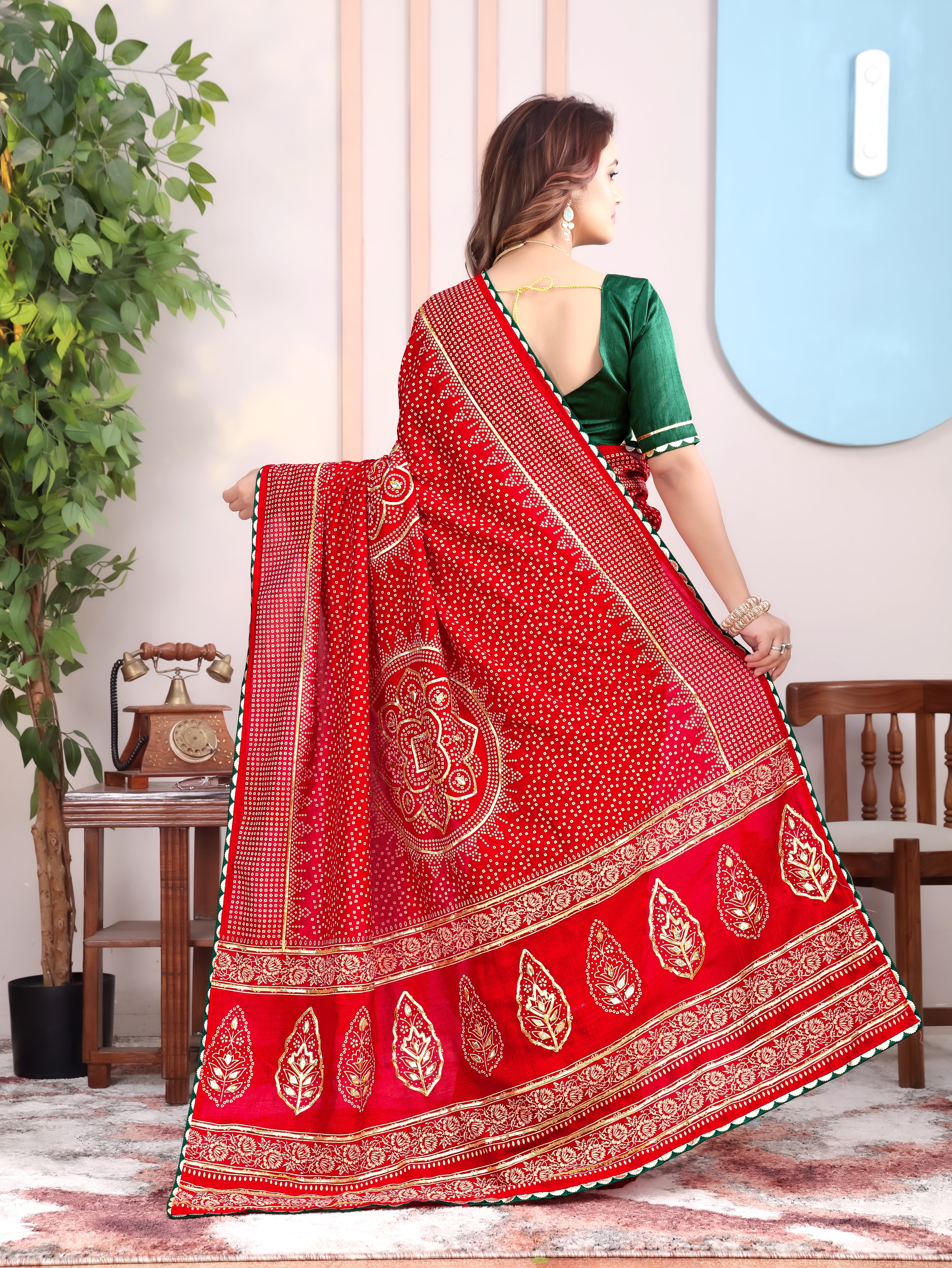 Red Asopalav Bandhani On Pure Vichitra Silk Saree with Gota Patti Work