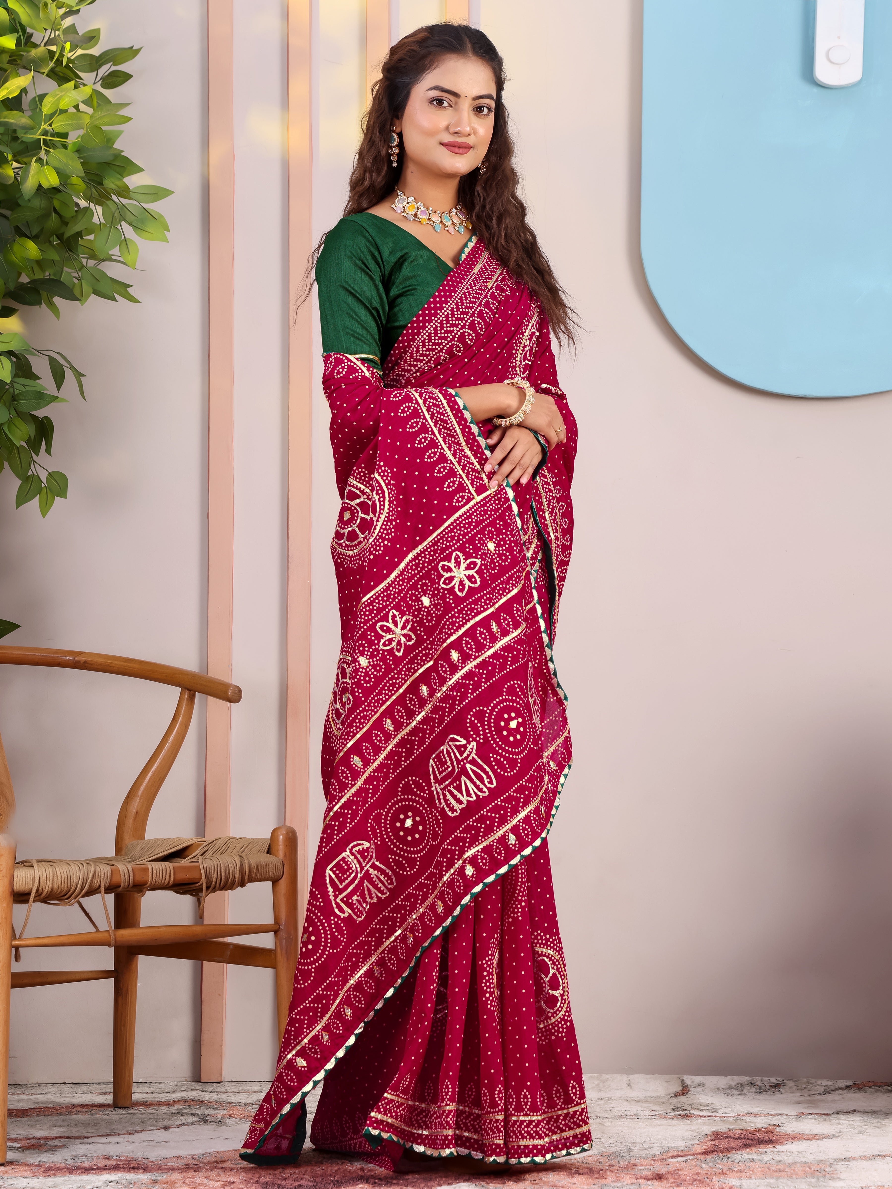 Maroon Round Bandhani On Pure Vichitra  Silk Saree with Gota Patti Work