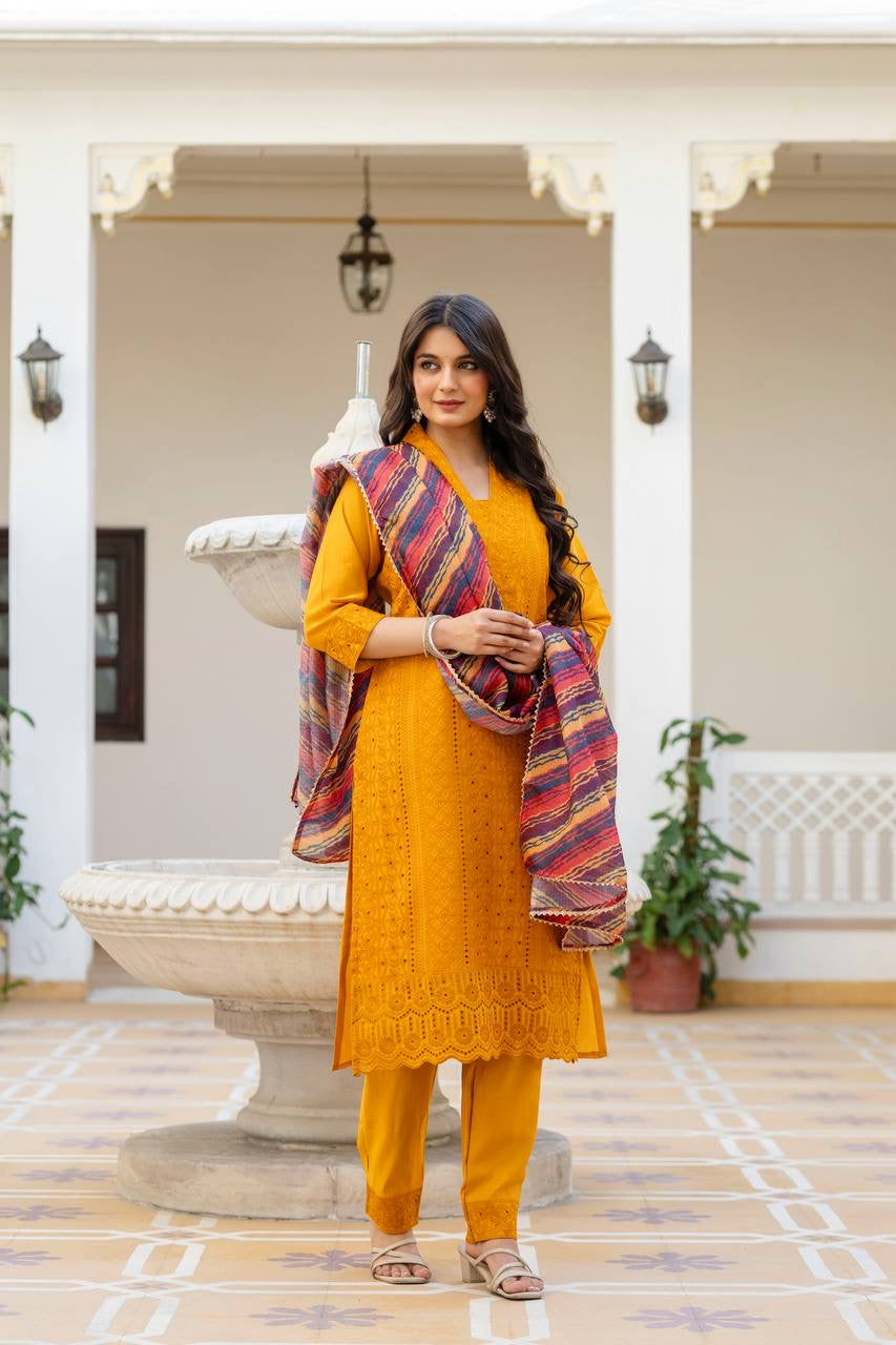 Yellow Roman Silk Chikan kari Work Kurti Set