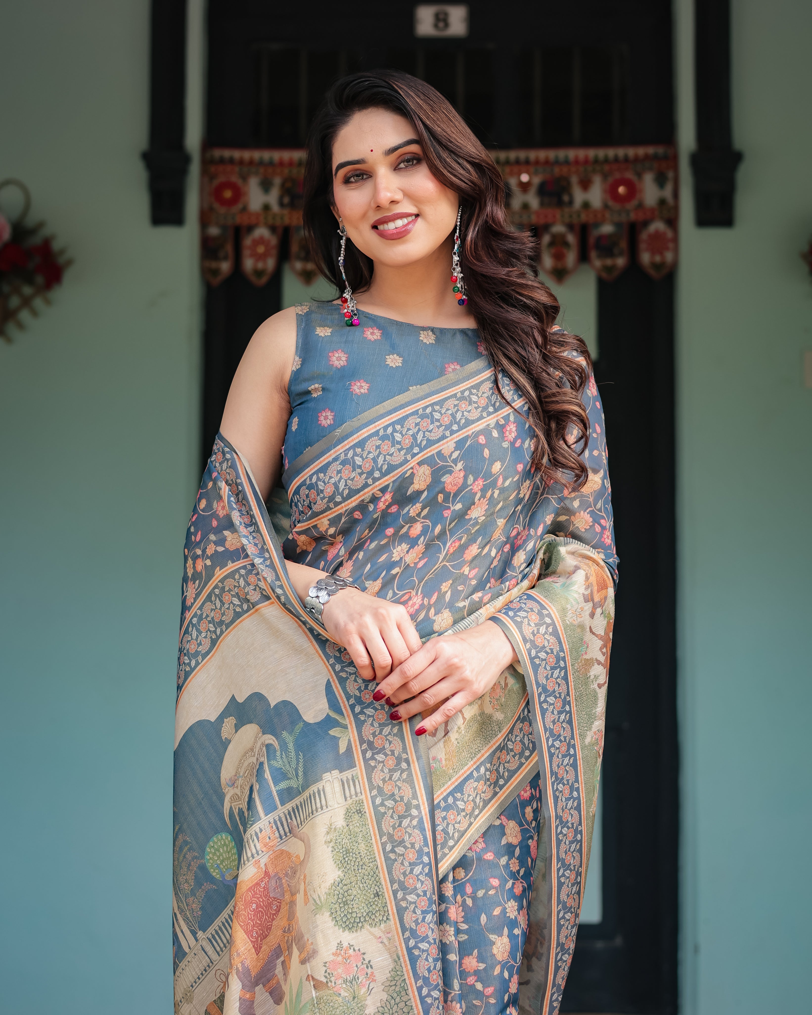 Slate Blue Handloom Floral Printed Border Saree 