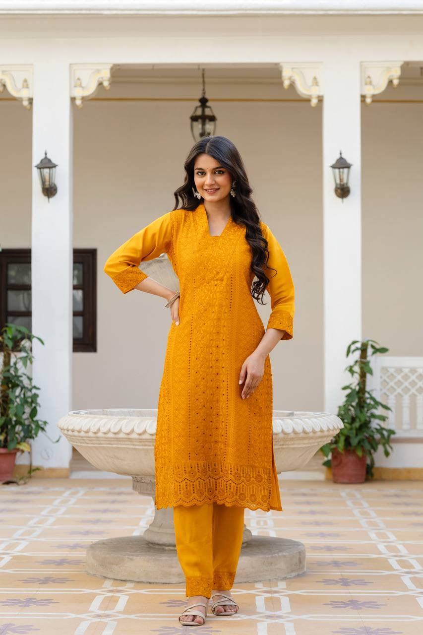 Yellow Roman Silk Chikan kari Work Kurti Set