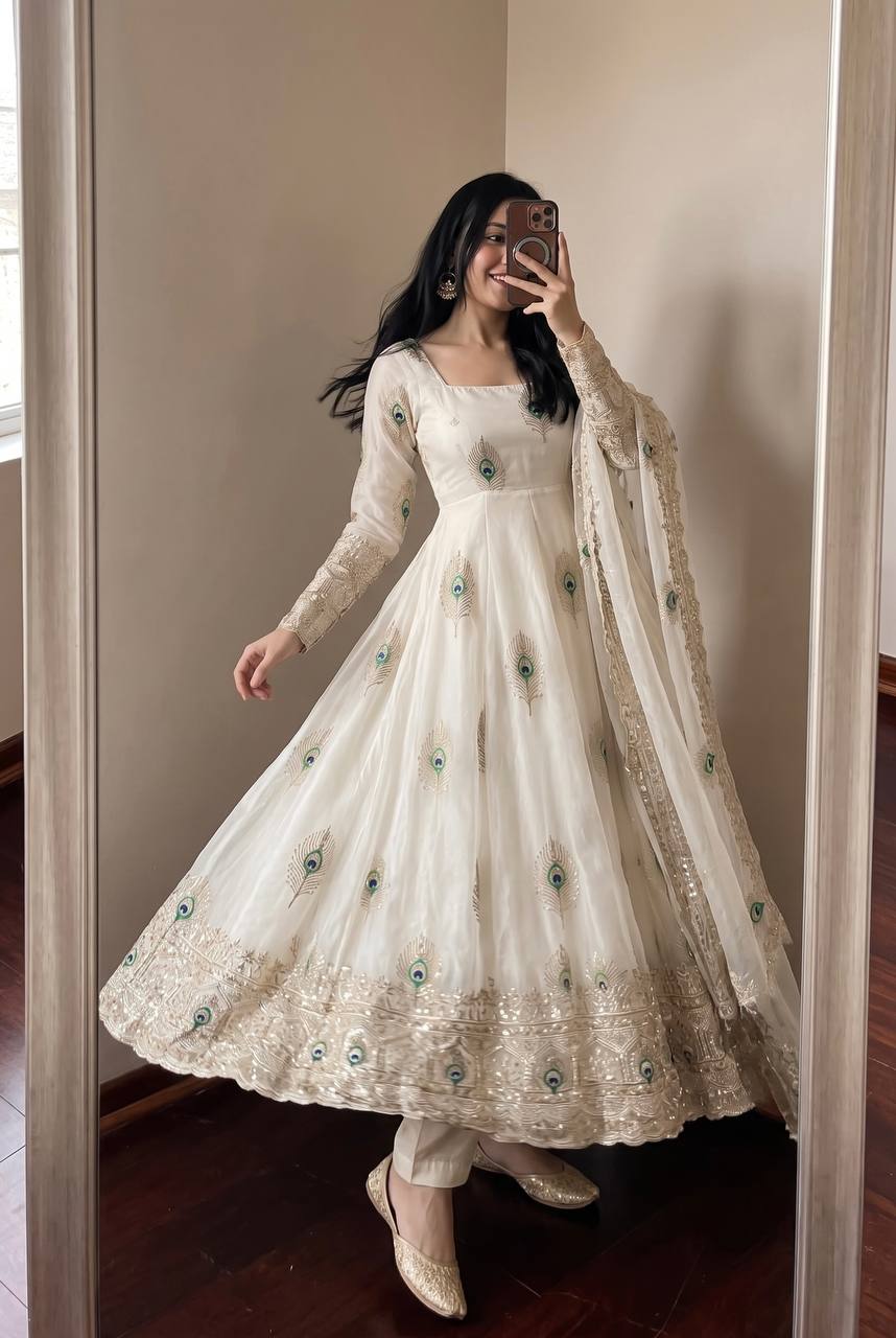 White Heavy Fandy Silk Embroidery Threads And Zari Sequins Work Suit Set