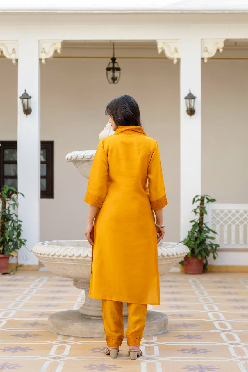 Yellow Roman Silk Chikan kari Work Kurti Set