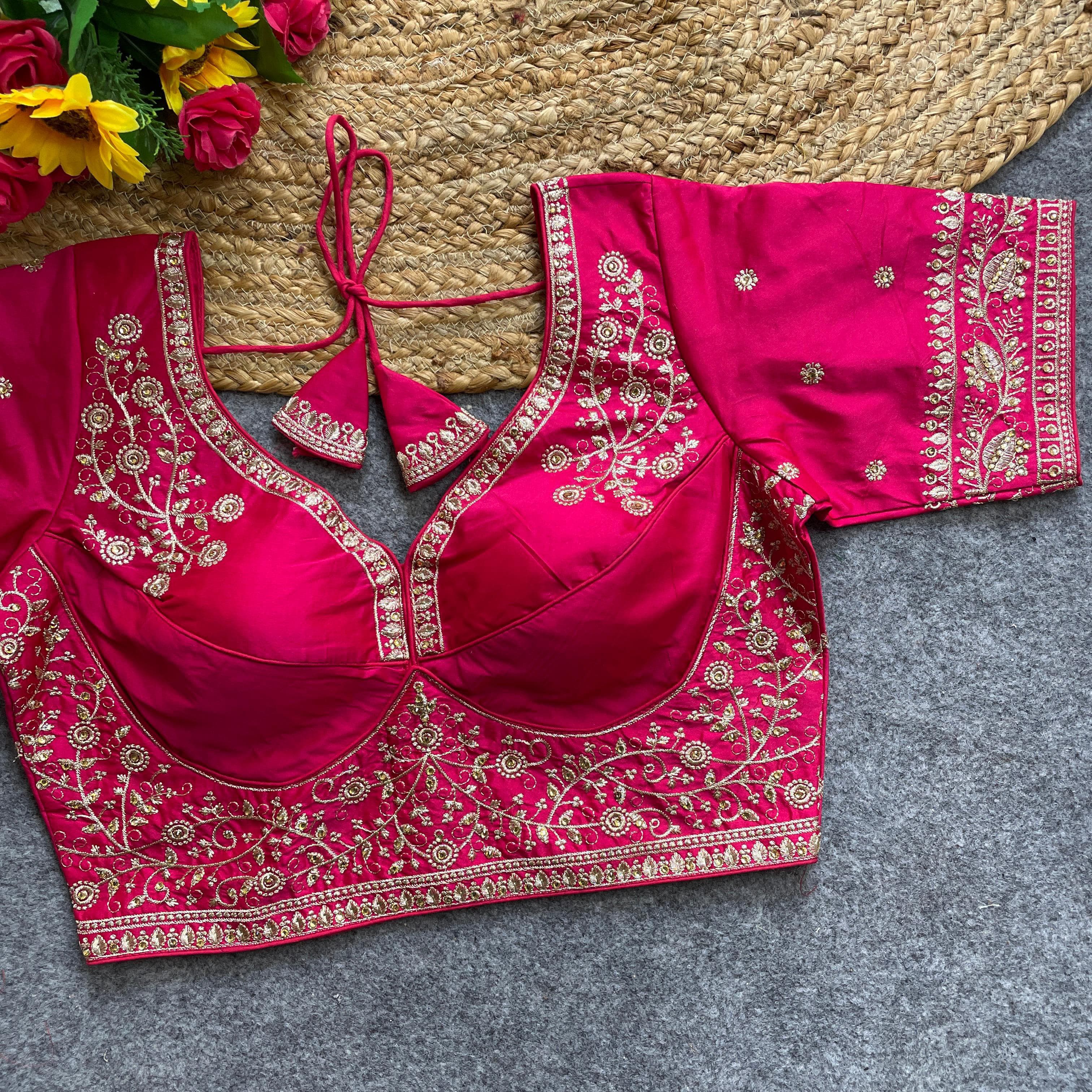 Dark Pink Handwork Heavy Silk Katori Pattern Readymade Blouse