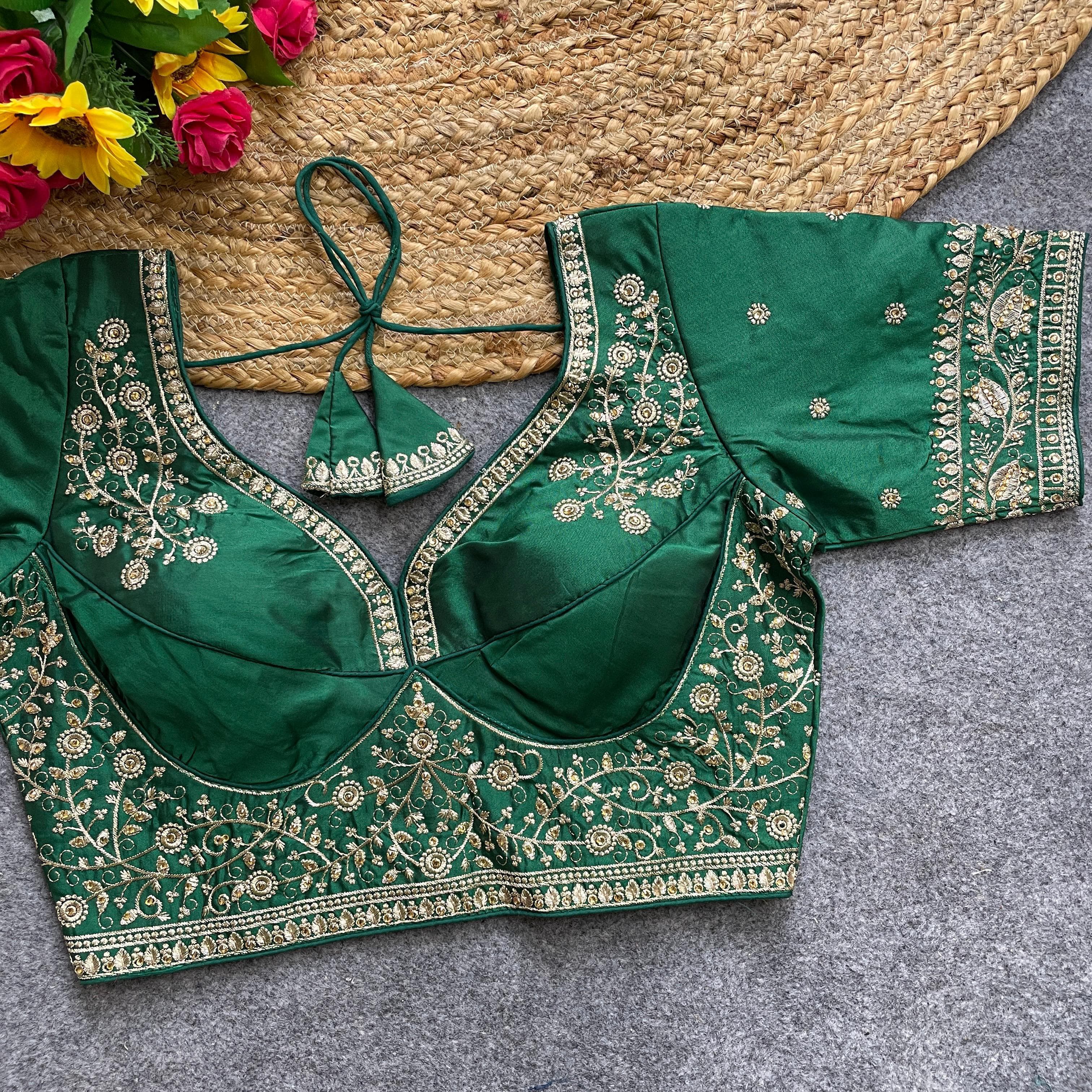 Dark Green Handwork Heavy Silk Katori Pattern Readymade Blouse