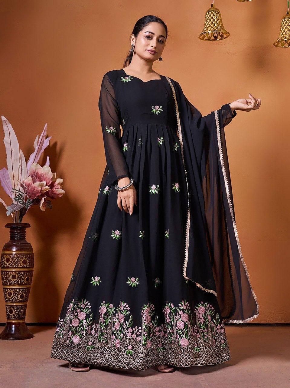 Embroidered Georgette Stitched Anarkali Gown With Dupatta 
