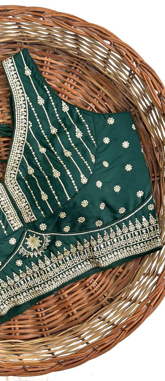Dark Green Thread Work Heavy Silk V-Neck Readymade Blouse