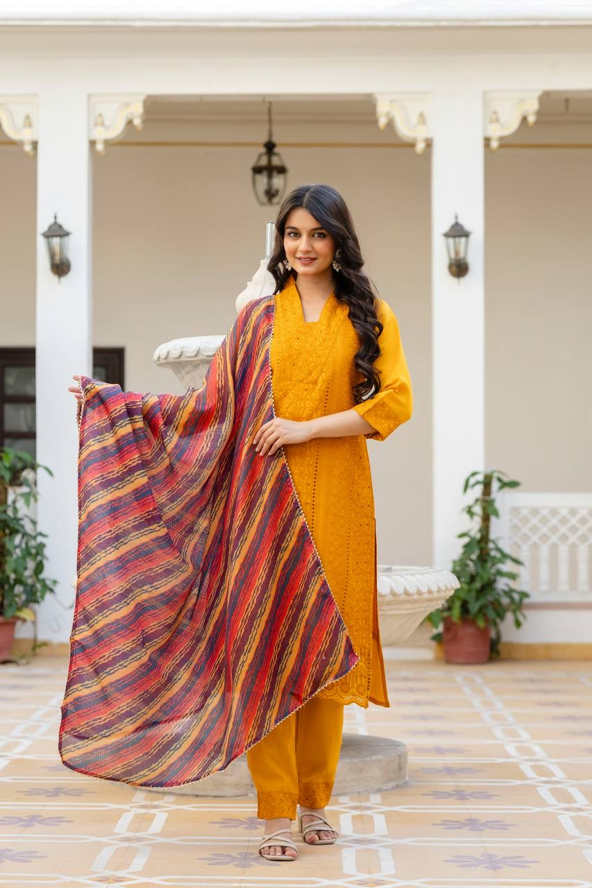Yellow Roman Silk Chikan kari Work Kurti Set