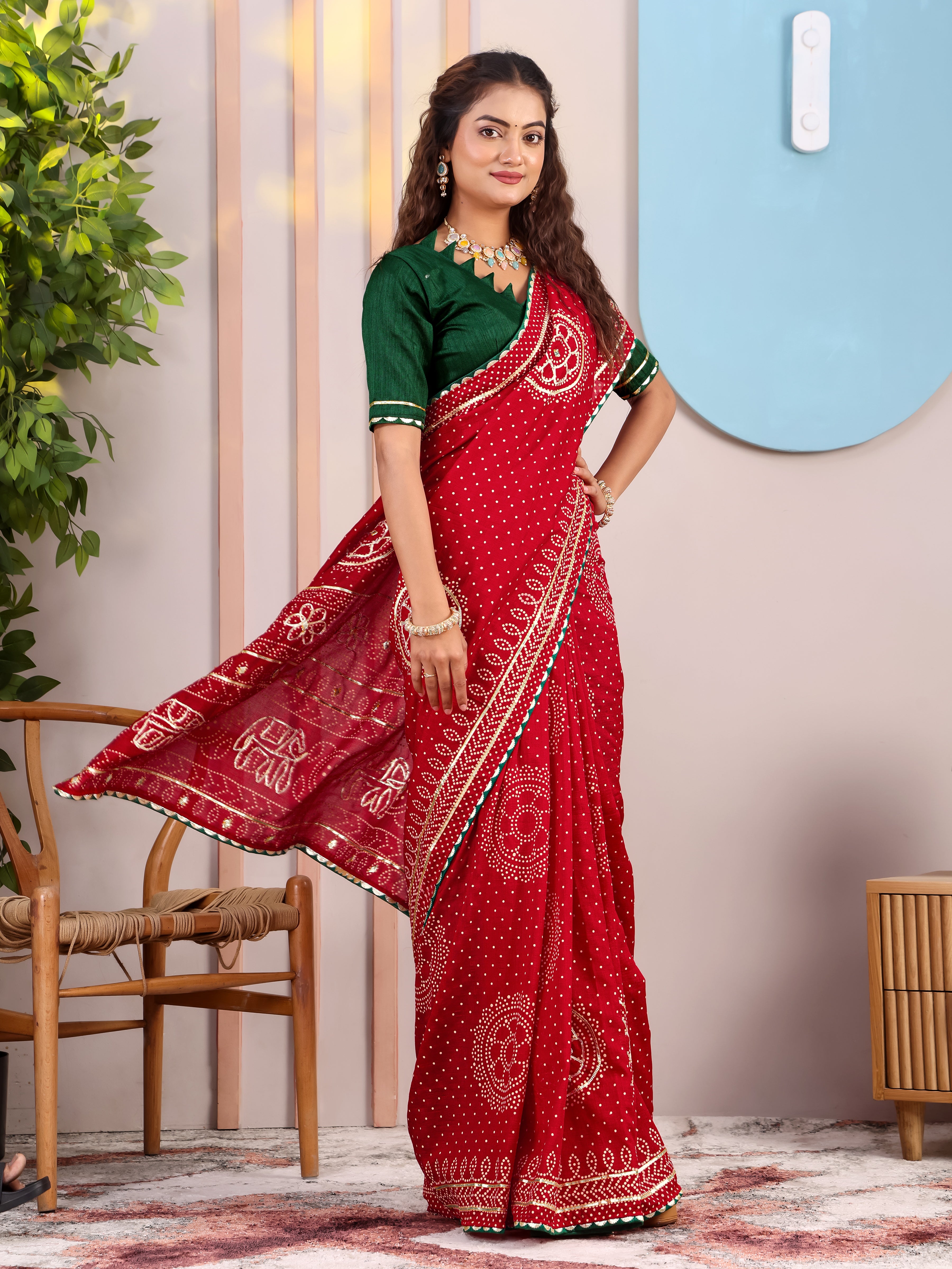 Red Round Bandhani On Pure Vichitra Silk Saree with Gota Patti Work