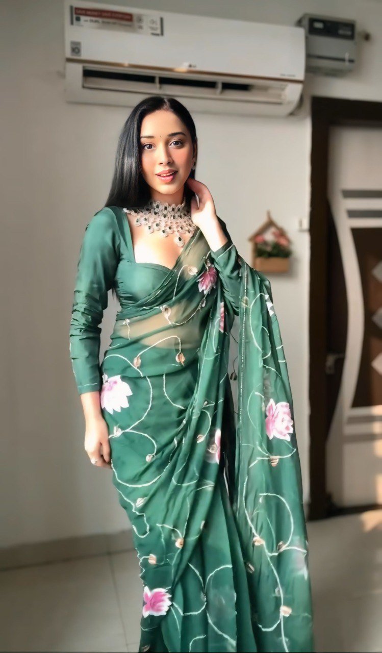 Festive Party Wear Organza Green Saree

