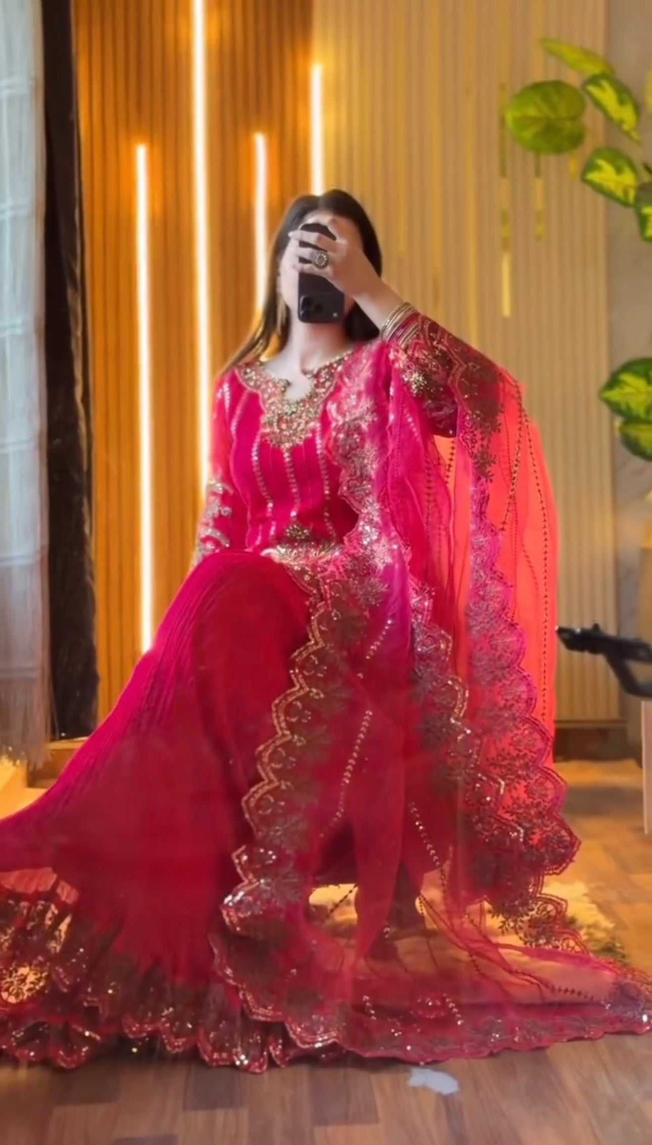 Red Faux Georgette Embroidery Sequins Work Suit Set 