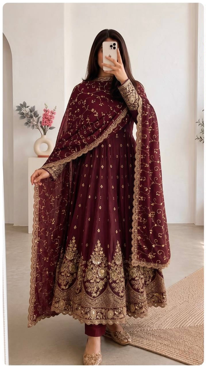 Maroon Heavy Jelly Smimmer Silk Embroidery And Sequins Work Anarkali Suit