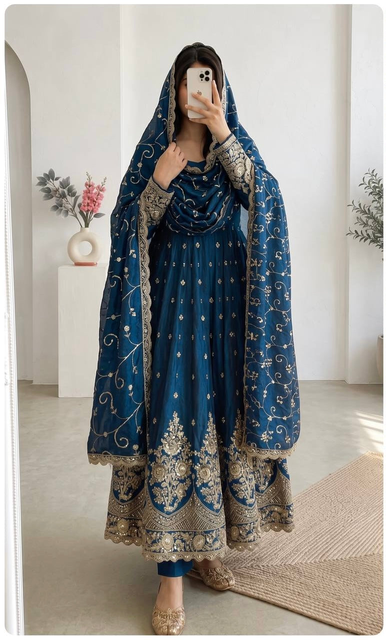 Navy Blue Heavy Jelly Smimmer Silk Embroidery And Sequins Work Anarkali Suit
