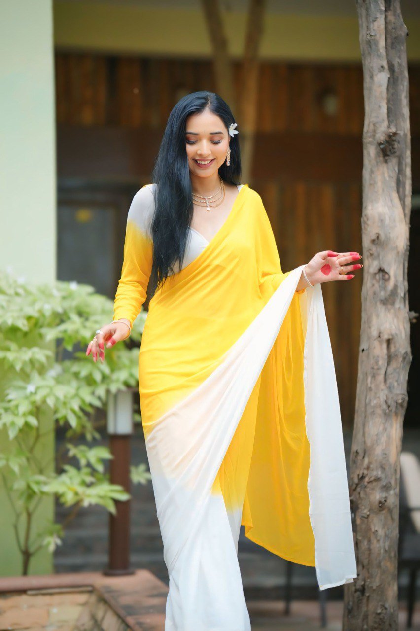 Georgette Yellow White Printed Saree Online

