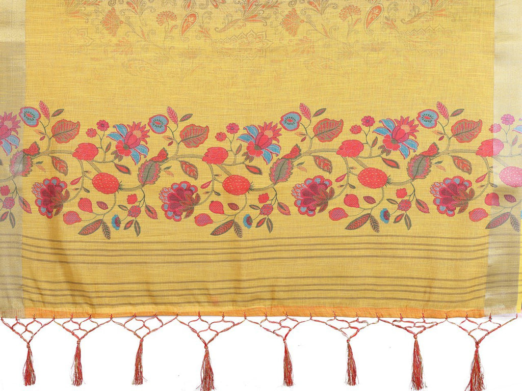 Handprinted Motif Cotton Linen Saree in Yellow | Traditional Artisan Print | Pehrile Summer Saree Collection India | Buy Online