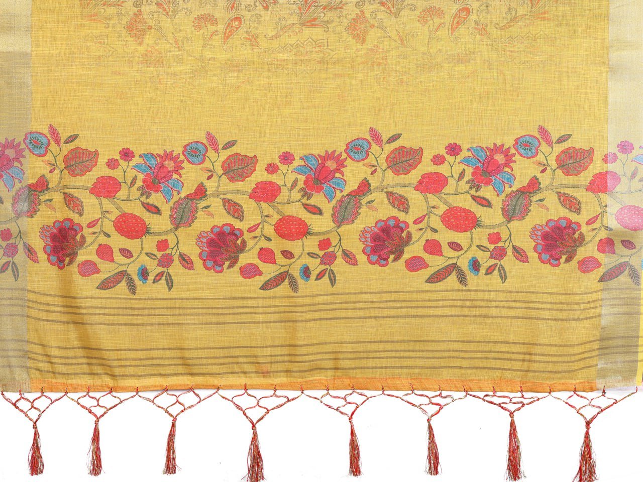 Handprinted Motif Cotton Linen Saree in Yellow | Traditional Artisan Print | Pehrile Summer Saree Collection India | Buy Online