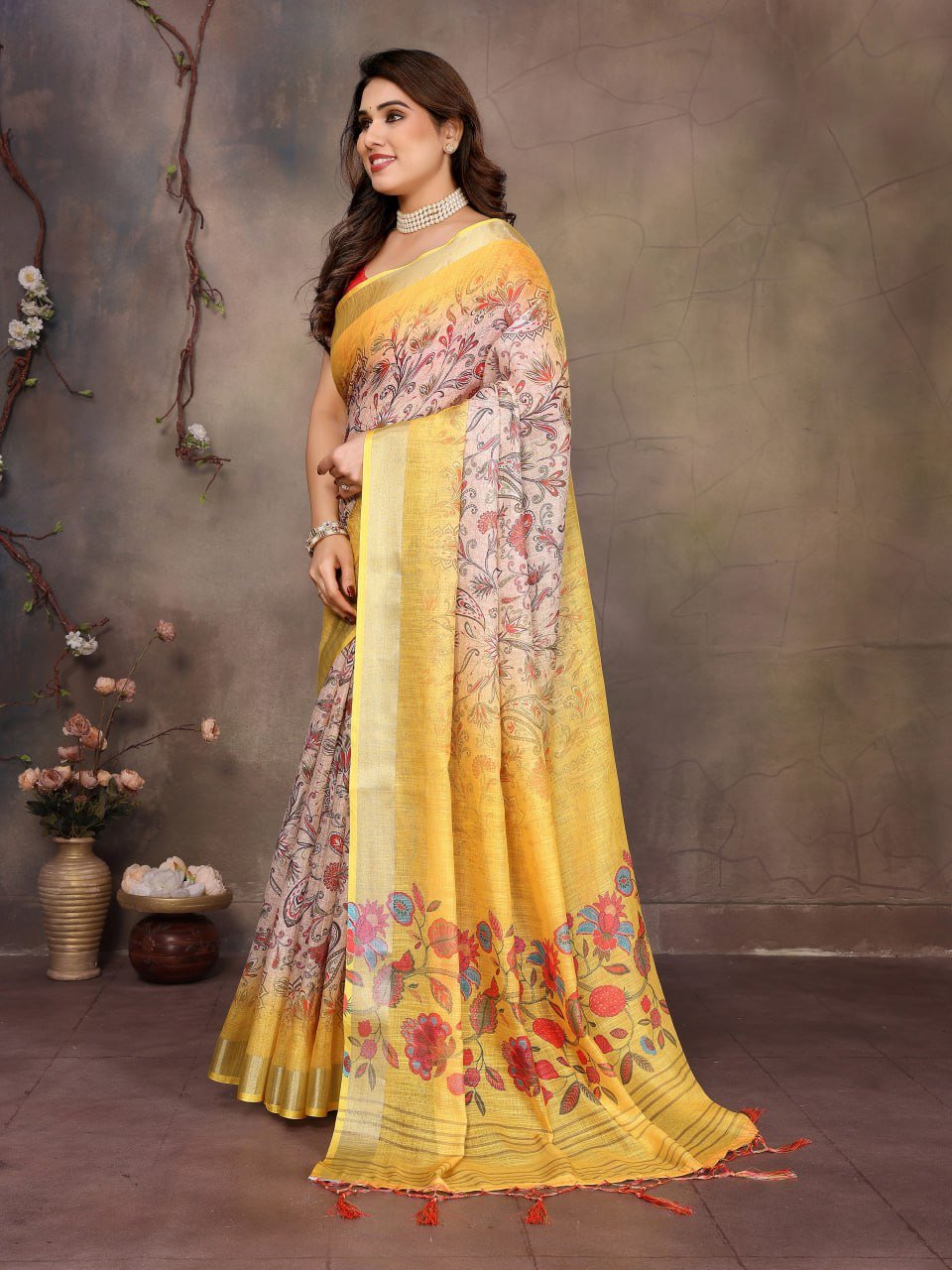 Woman wearing Yellow Handprinted Cotton Linen Saree | Traditional Indian Festive Wear | Ethnic Fashion for Diwali Wedding | Shop Pehrile