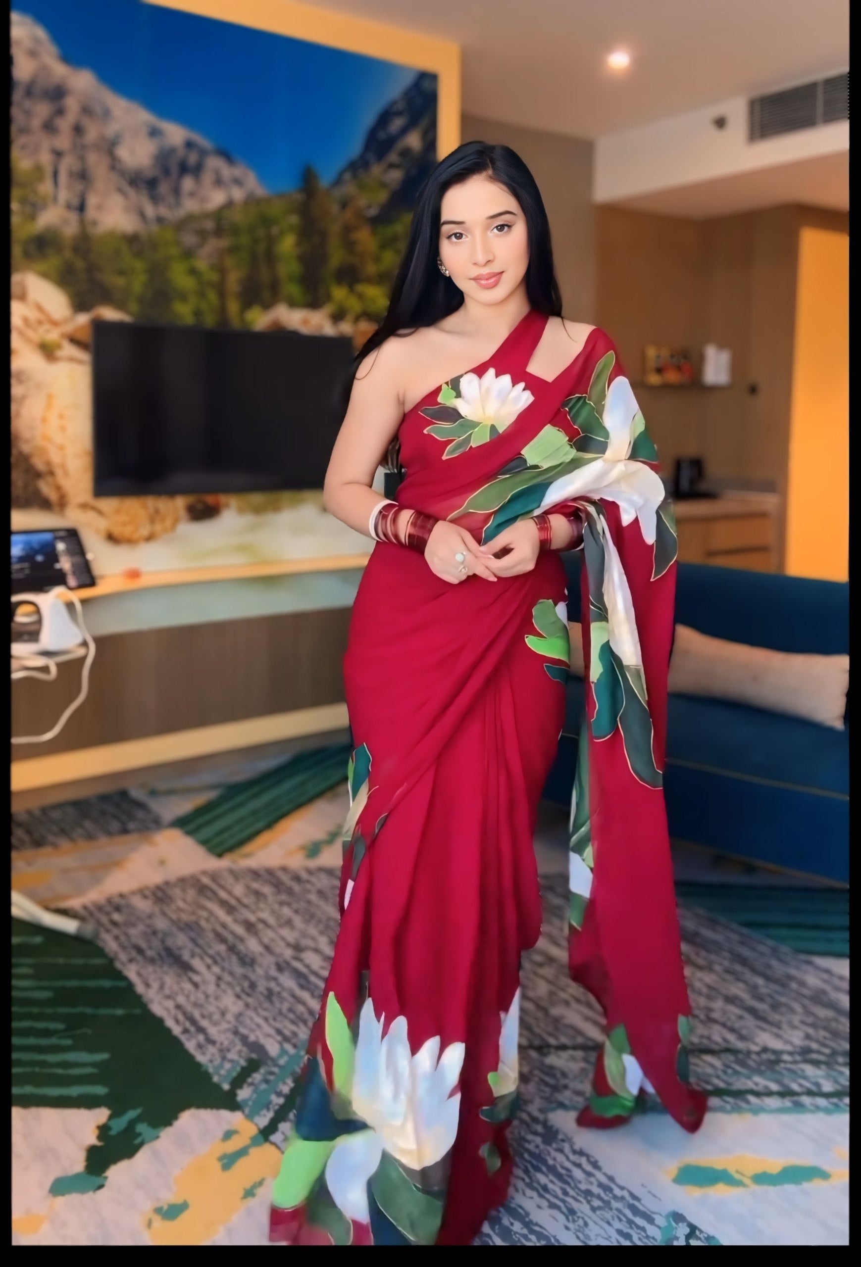 Dark Red Georgette Printed Ready To Wear Saree