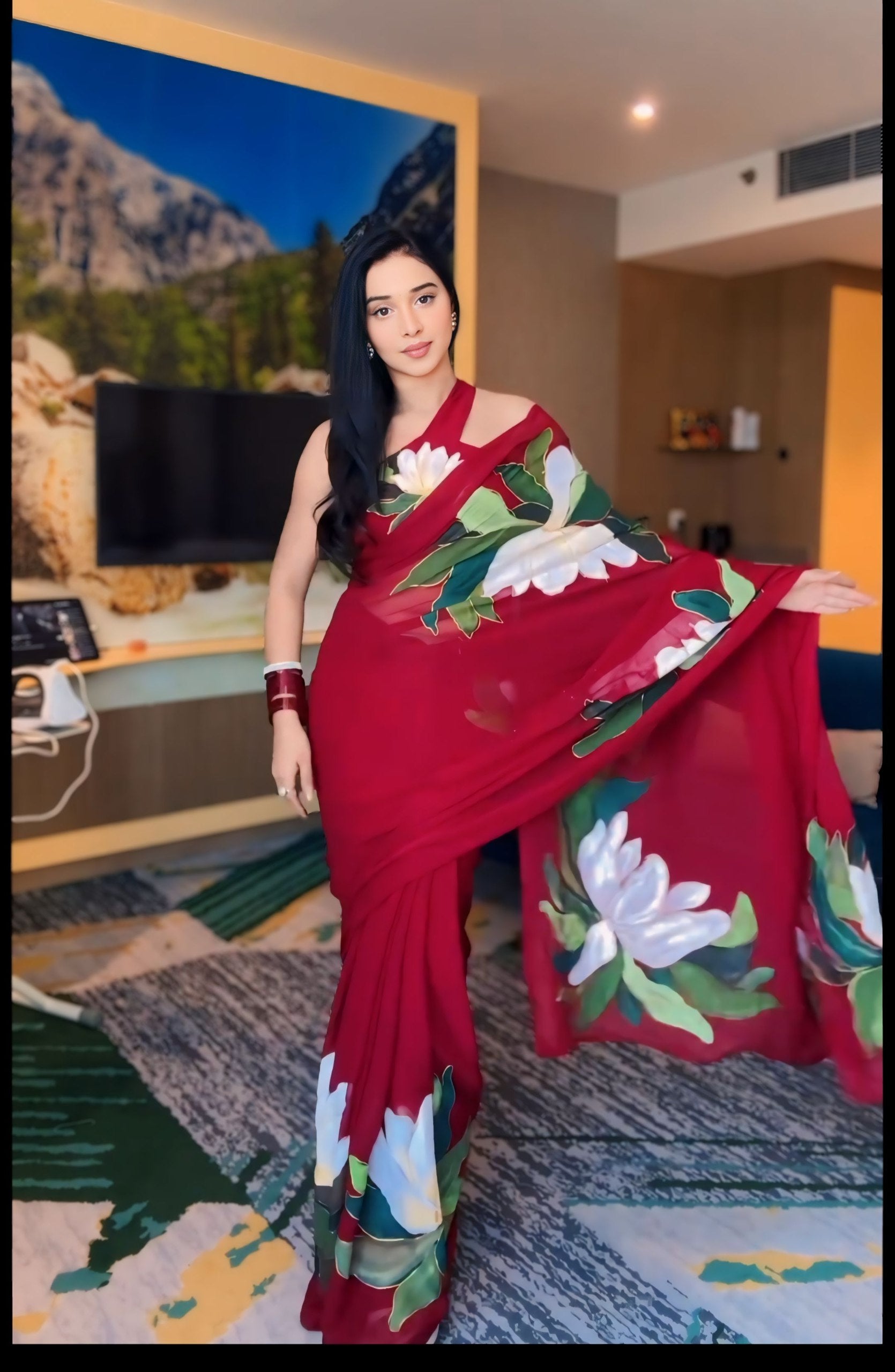 Dark Red Georgette Printed Ready To Wear Saree