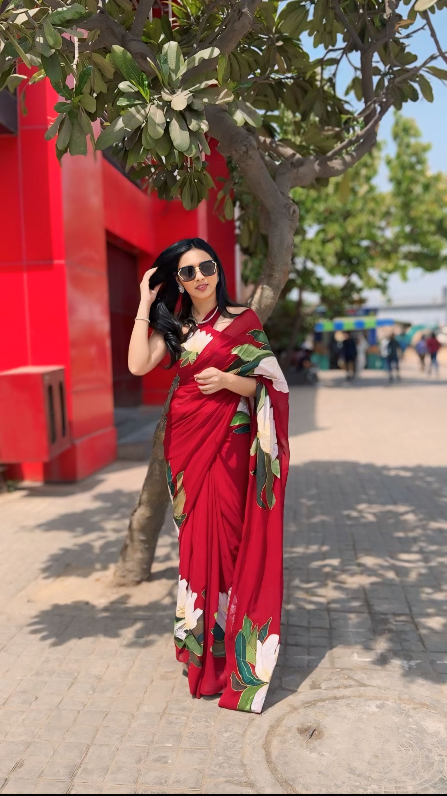 Dark Red Georgette Printed Ready To Wear Saree