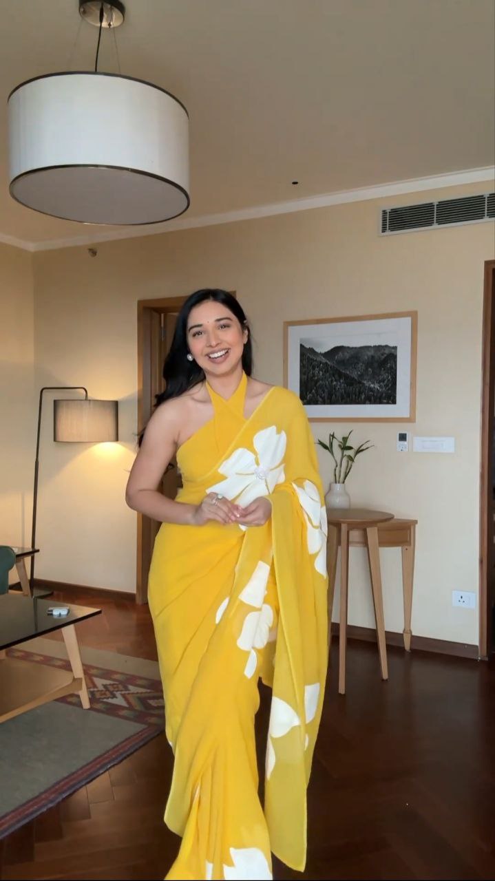 Yellow Flower Printed Ready To Wear Saree