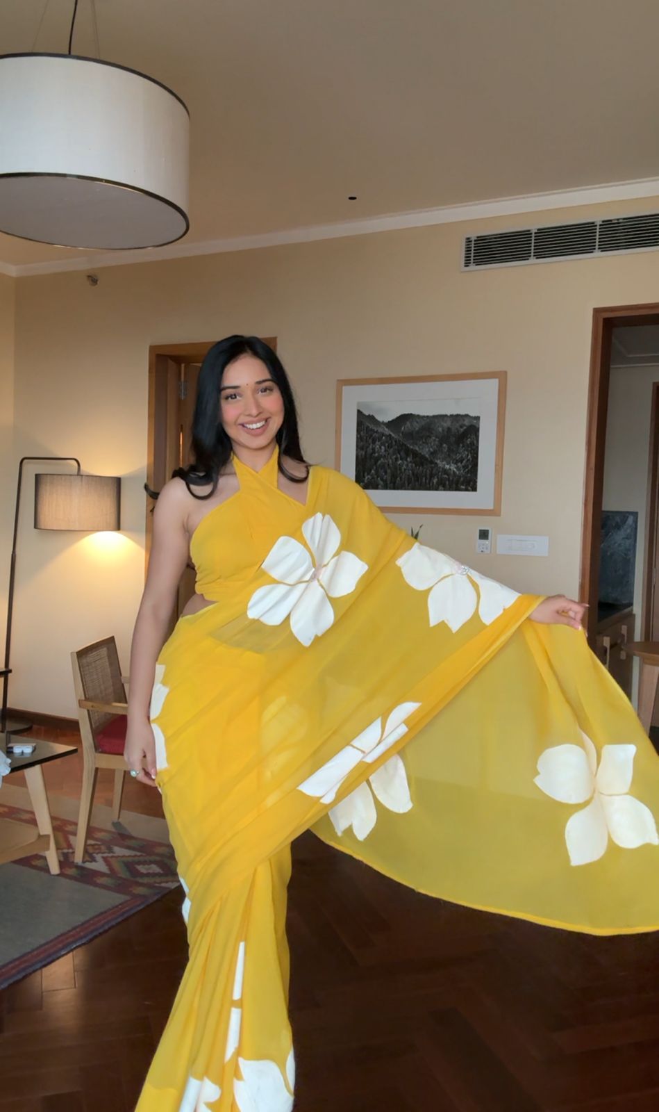 Yellow Flower Printed Ready To Wear Saree