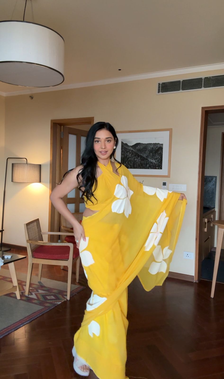 Yellow Flower Printed Ready To Wear Saree