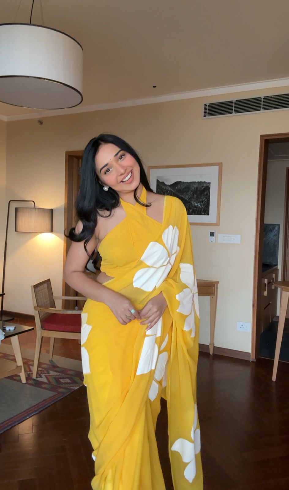 Yellow Flower Printed Ready To Wear Saree