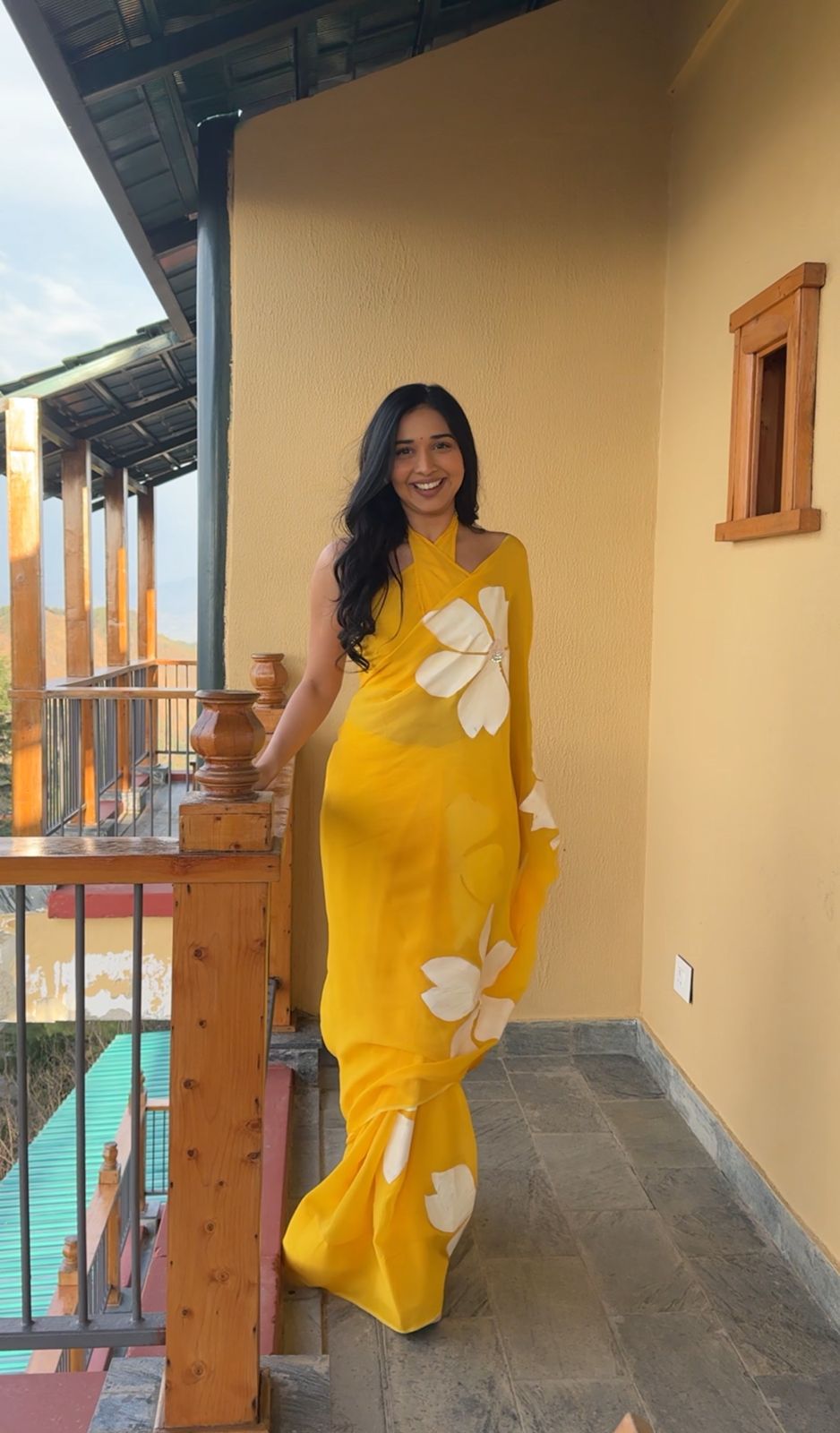 Yellow Flower Printed Ready To Wear Saree