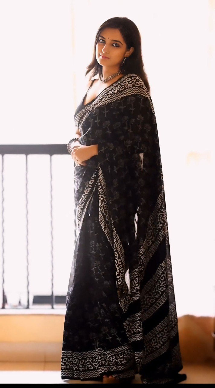 Black Cotton Weaving Ready To Wear Saree