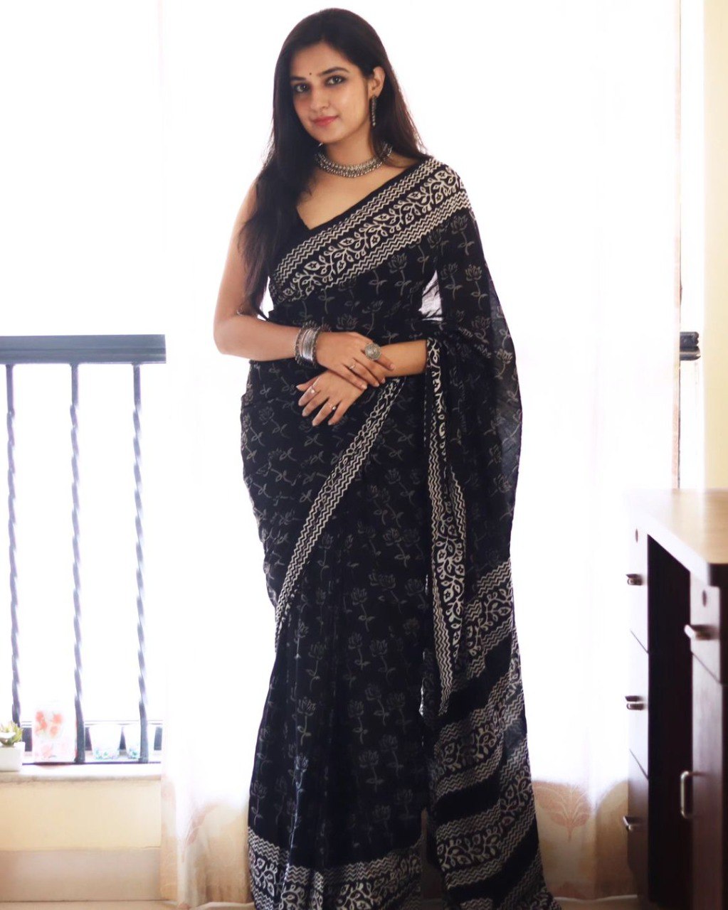Black Cotton Weaving Ready To Wear Saree