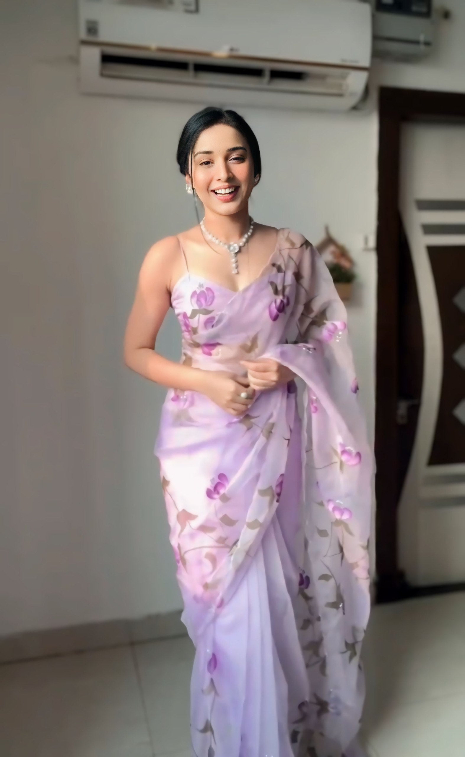 Lavender Flower Printed Ready To Wear Saree