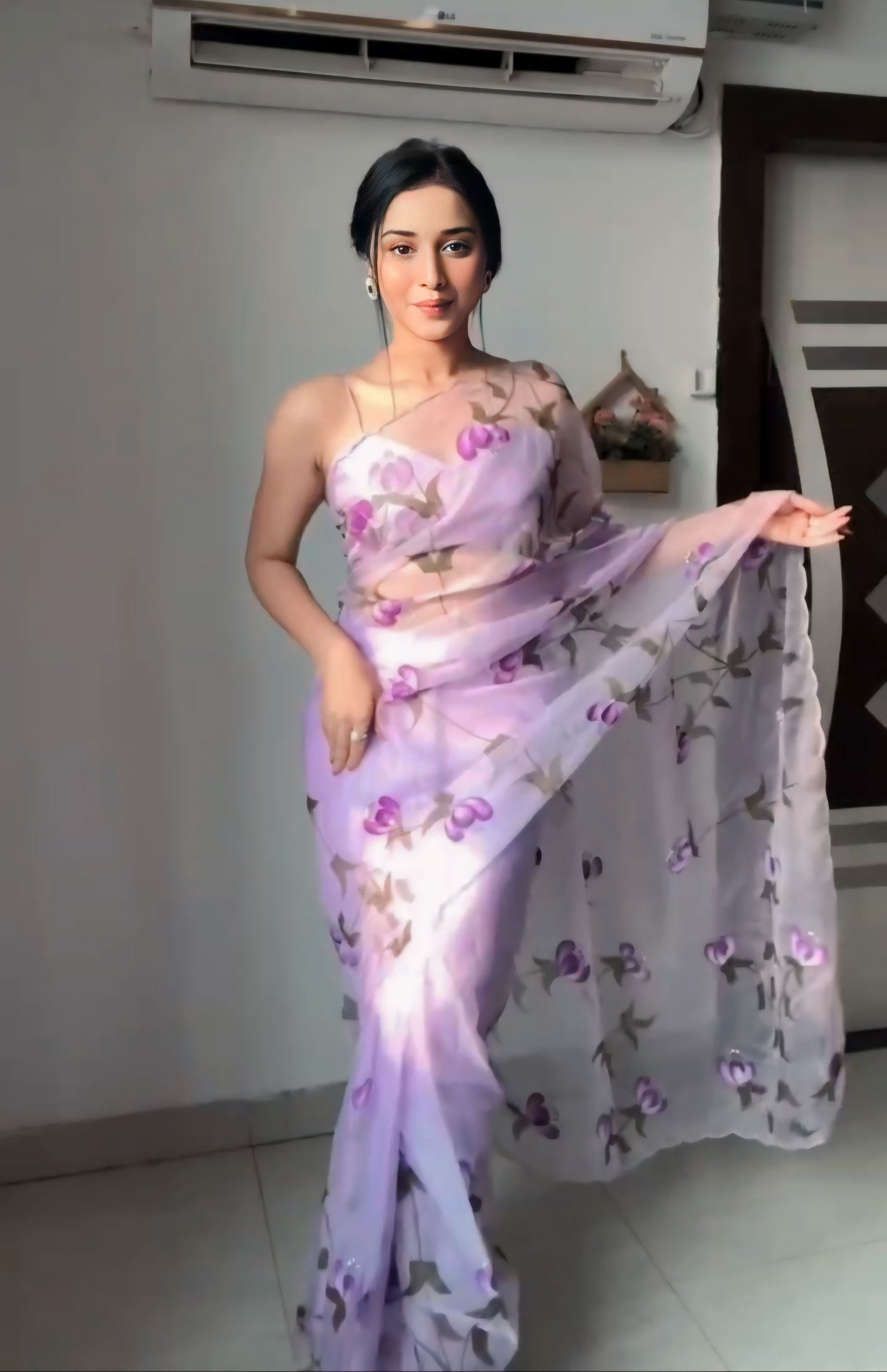 Lavender Flower Printed Ready To Wear Saree