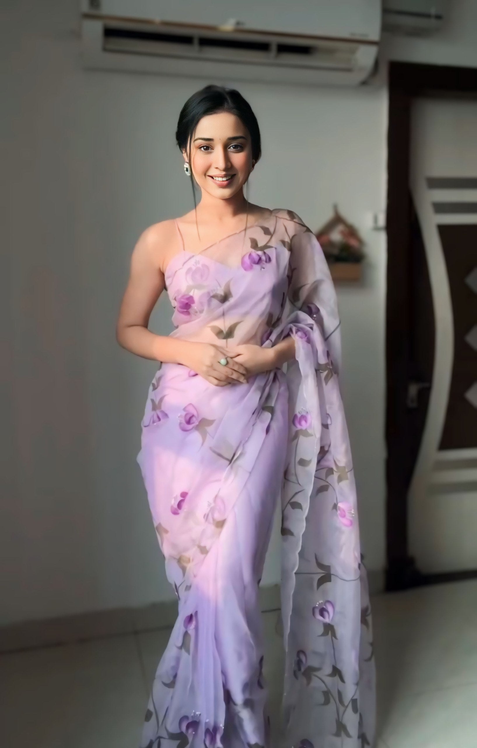 Lavender Flower Printed Ready To Wear Saree